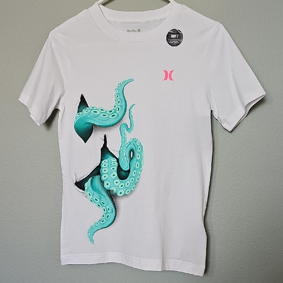 Hurley Kids White Tee with Teal Tentacle Design NWT Cotton Medium - Picture 1 of 8